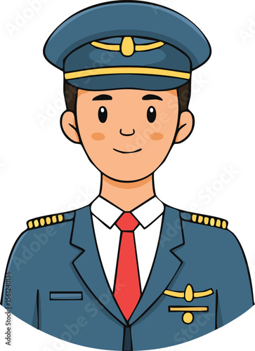 A smiling cartoon pilot in a blue uniform, wearing a cap and a red tie.