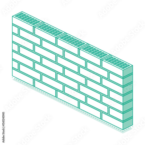 Isometric brick wall. Concept of construction, building structure, masonry, and architectural design with a pattern of rectangular bricks. Illustration.
