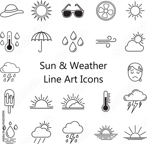 Modern Minimalist Sun and Weather Line Art Icons:  Summer, Spring, and Meteorological Symbols.
