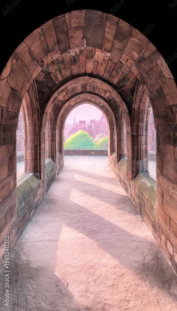 Naklejka premium Stone arched corridor with a distant view