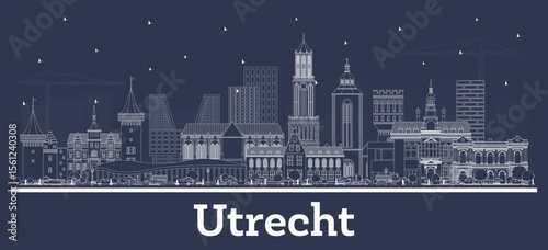 Outline Utrecht Netherlands City Skyline with white Buildings. Business Travel and Tourism Concept with Historic Architecture. Utrecht Cityscape with Landmarks.