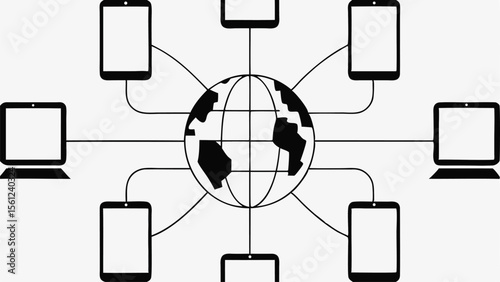 Global network connecting devices such as laptops tablets and phones using wired connections depicted