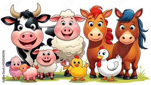 group of funny happy cartoon farm animals