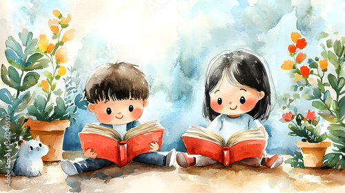 Illustration of Children's Day. Children, books reading in home with friends, learning or diversity for reading at school playground