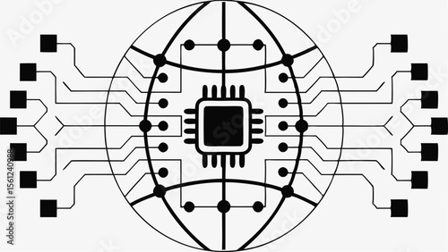 Illustration of a globe with a central processor connected to external square nodes via circuits