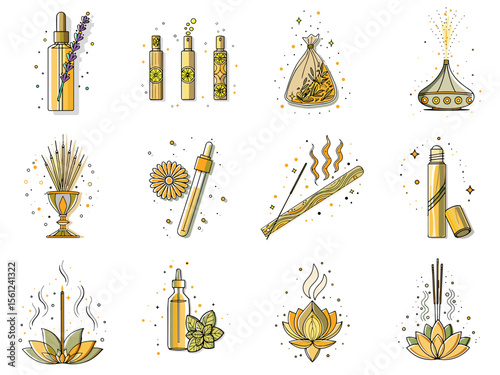 Aromatherapy icon set for spa packaging, essential oil presentations, wellness blogs