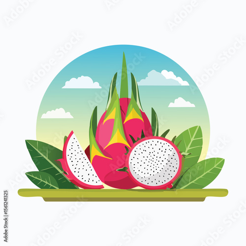 Dragon Fruit Stylized Vector Design with Forest and Mountain Elements.