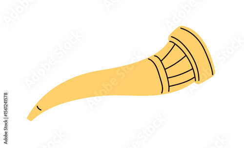 Horn from Norse mythology. Curved golden Gjallarhorn from ancient viking culture. Legend music instrument, old celtic, scandinavian, nordic saga. Flat vector illustration isolated on white background