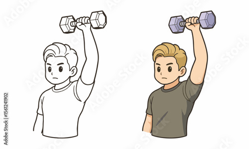 boy holding dumbbell coloring page for kids