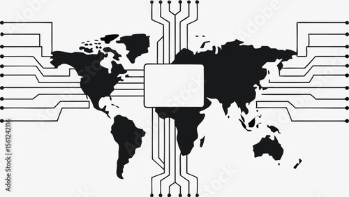 World map connected to a central processor with lines extending outward showing global connectivity