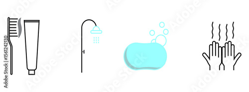 Vector bathroom icons. Editable Stroke. Shower, bath, toilet, bidet, mirror, water tap. Laundry and garbage basket. Cosmetics shampoo comb cream. Toilet paper napkins