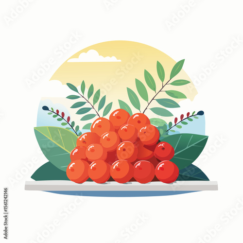 Rowanberry Stylized Vector Design with Forest and Mountain Elements.