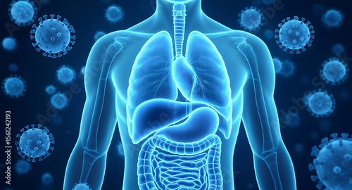 Blue Monochrome Digestive System with Surrounding Viral Structures Medical Illustration