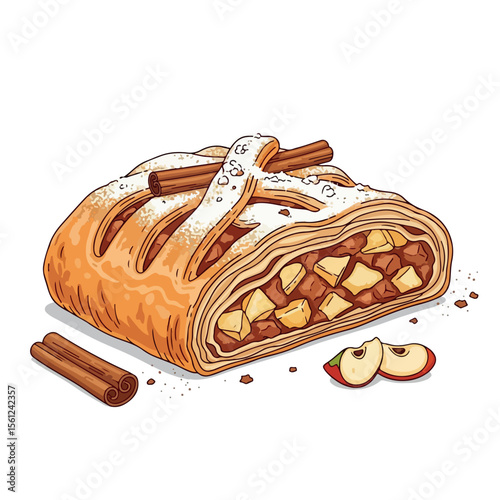 sweet, strudel, illustration, dessert, pastry, food, apple, breakfast, delicious, bakery, object, tasty, fresh, meal, cuisine, restaurant, vector, design, isolated, icon, snack, background, 