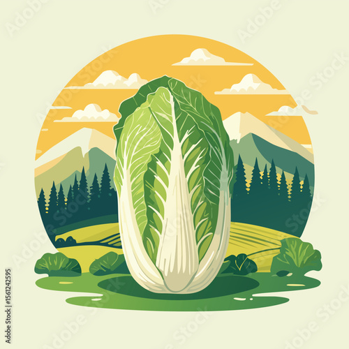 Napa Cabbage Stylized Vector Design with Forest and Mountain Elements.