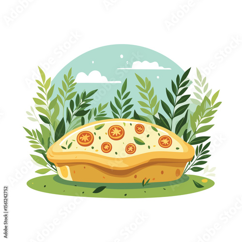 Focaccia Stylized Vector Design with Forest and Mountain Elements.