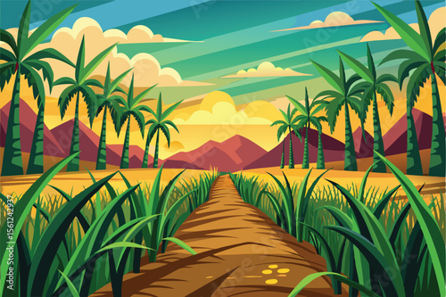 Serene Oasis Palm Trees, Sunset, and a Path Leading to Mountains