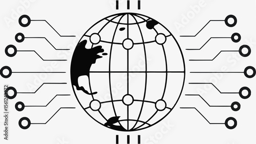 Illustration of a globe with continents and connected circuits representing global network connectivity concept
