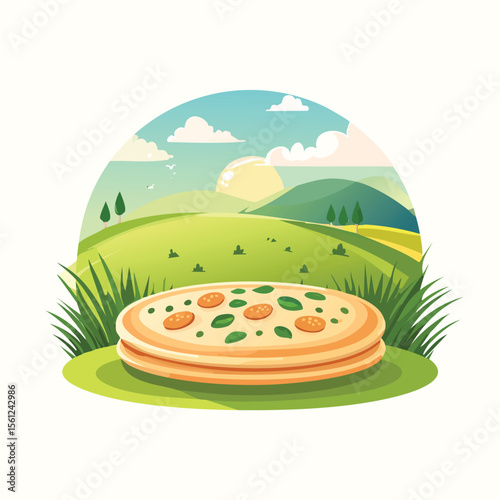 Flatbread Stylized Vector Design with Forest and Mountain Elements.