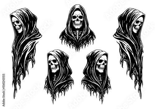 scary halloween skull, skeleton grim ripper, black and white 