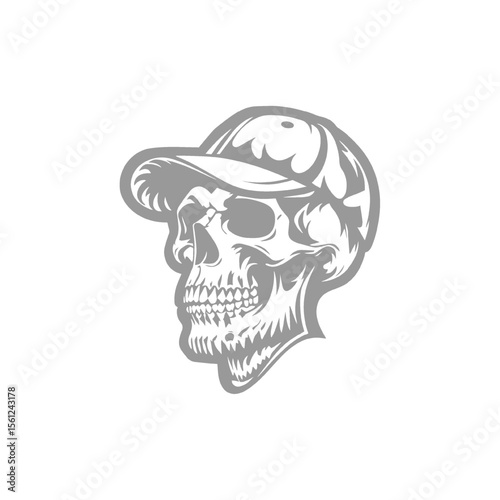 Skull wearing a baseball cap in a monochrome style