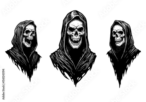scary halloween skull, skeleton grim ripper, black and white 