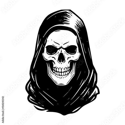 scary halloween skull, skeleton grim ripper, black and white 