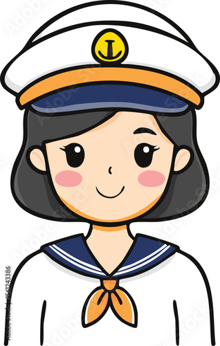 Cartoon illustration of a girl in a sailor uniform, smiling and wearing a captain's hat.