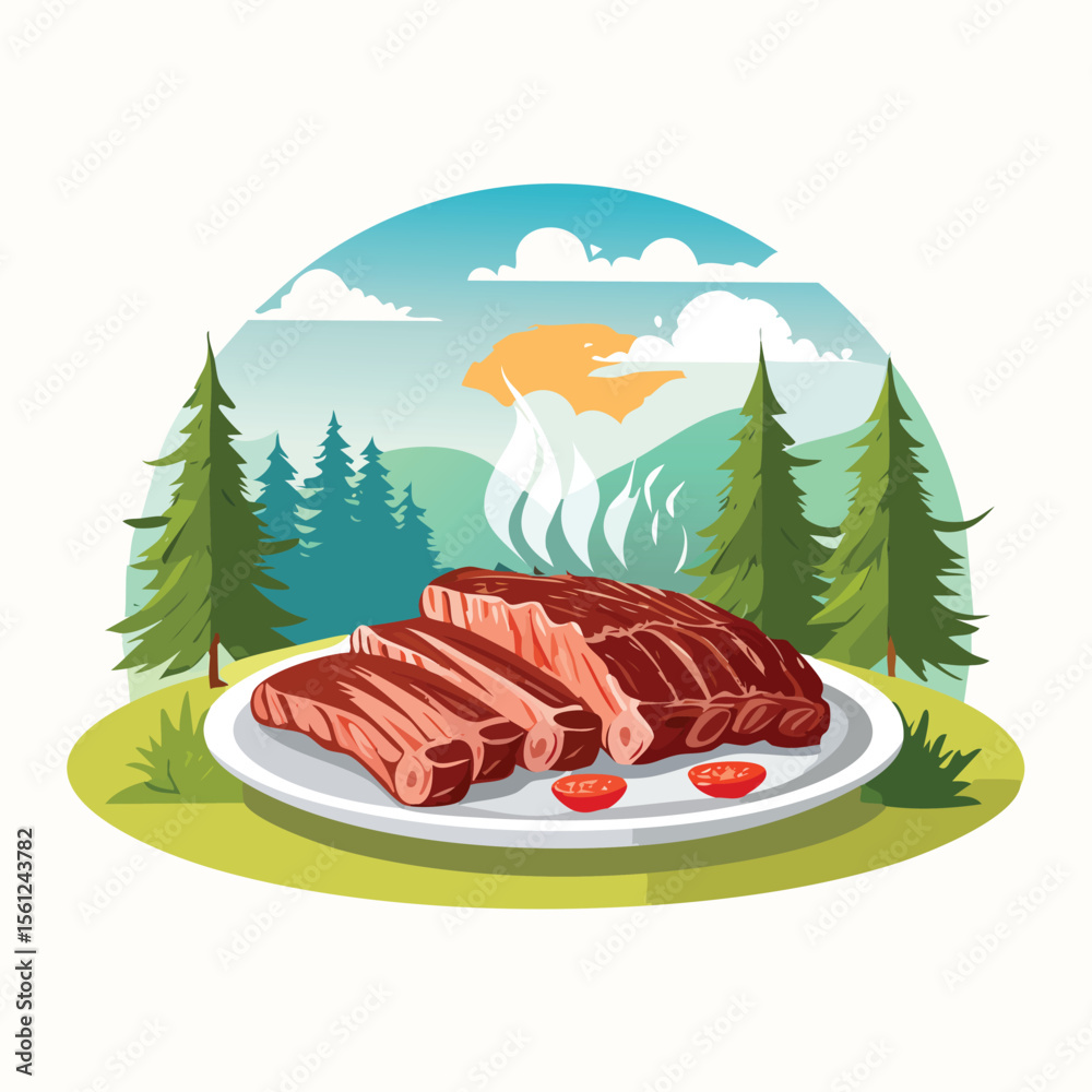 Naklejka premium BBQ Ribs Stylized Vector Design with Forest and Mountain Elements.