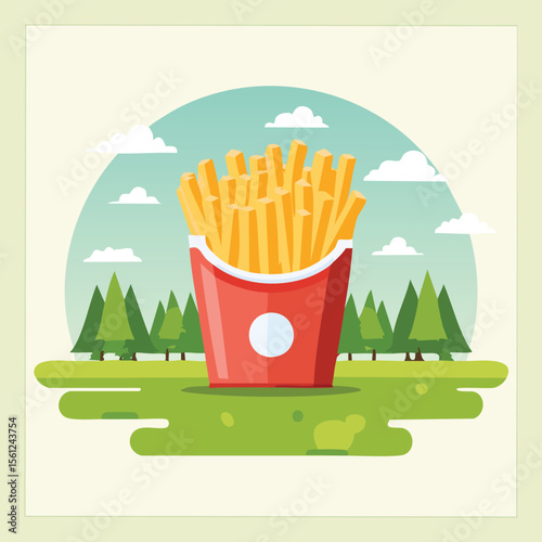 French Fries Stylized Vector Design with Forest and Mountain Elements.