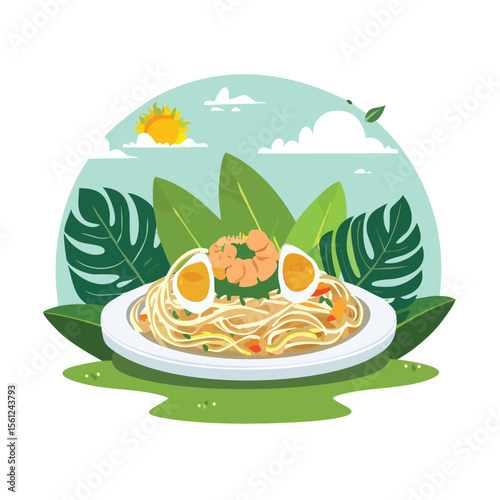 Pad Thai Stylized Vector Design with Forest and Mountain Elements.