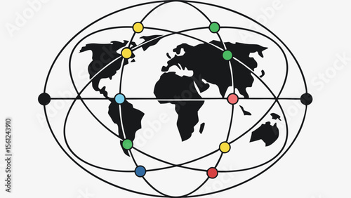Illustration of a world map with black continents and colorful dots connected by lines in orbit view