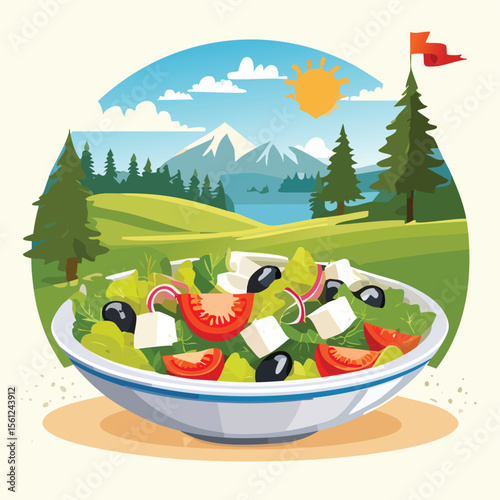 Greek Salad Stylized Vector Design with Forest and Mountain Elements.