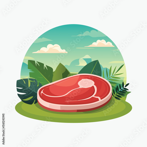 Beef Steak Stylized Vector Design with Forest and Mountain Elements.
