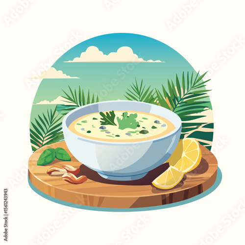 Clam Chowder Stylized Vector Design with Forest and Mountain Elements.