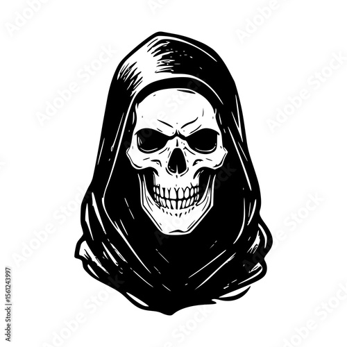 scary halloween skull, skeleton grim ripper, black and white 