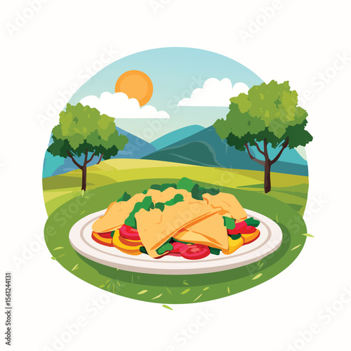 Chicken Fajitas Stylized Vector Design with Forest and Mountain Elements.