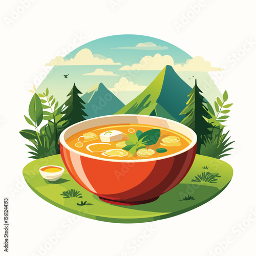 Miso Soup Stylized Vector Design with Forest and Mountain Elements.