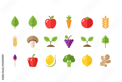 Assortment of Flat Design Fruits and Vegetables Icons