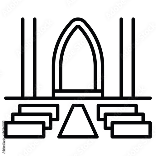 view inside catholic church icon Black and white outline flat sign vector