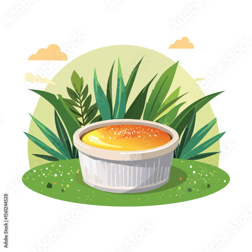 Crème Brûlée Stylized Vector Design with Forest and Mountain Elements.