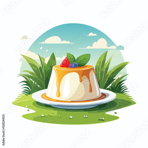 Panna Cotta Stylized Vector Design with Forest and Mountain Elements.