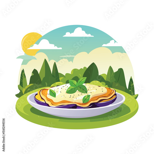 Eggplant Parmesan Stylized Vector Design with Forest and Mountain Elements.