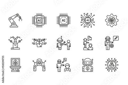 Set of AI Technology Line Icons Including Robot, CPU, Drone