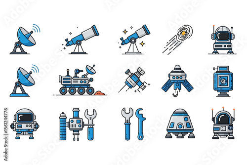 Outlined Space Exploration Icons Set with Rover and Satellite