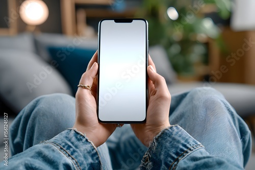 Hands Holding Blank Smartphone Screen at Home