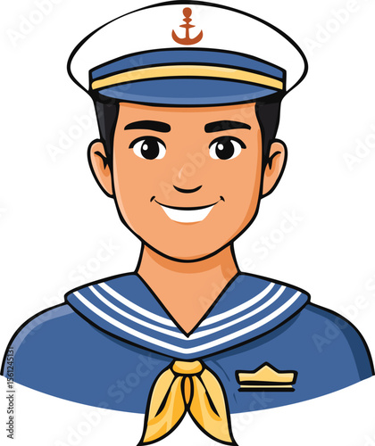 Cartoon illustration of a smiling sailor man in a navy uniform.