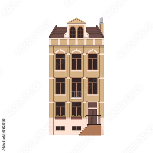 Old house facade in Europe. English British building exterior, historic townhouse, front view. Vintage European city architecture, urban style. Flat vector illustration isolated on white background