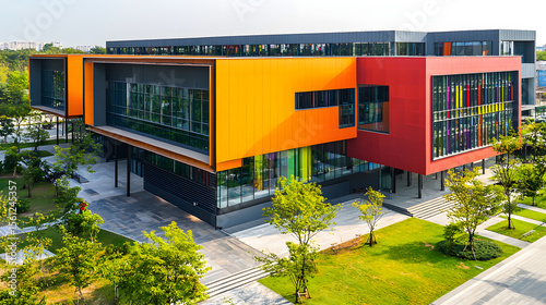 Modern colorful public building with green space, e.g. school or museum