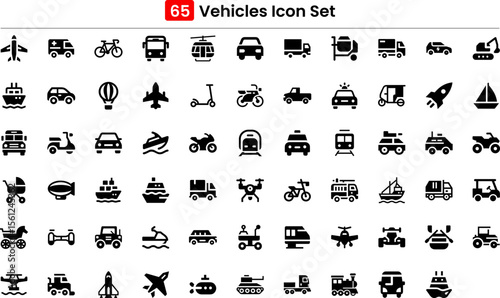 Linear icons featuring various transportation types. Includes car, bus, bike, truck, airplane, ship, and scooter. Ideal for logistics, travel, and map applications.